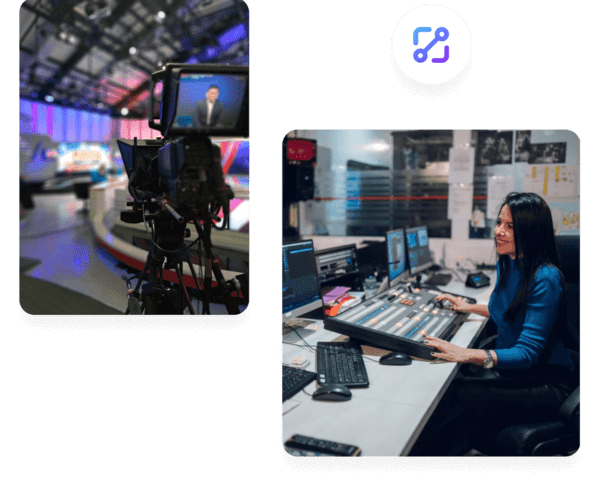 Broadcast studio with camera recording and a female video editor controlling the studio equipment, highlighting live video integration and editing.