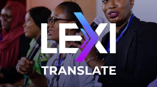 Lexi Translate logo with a panel discussion featuring women speaking into microphones.