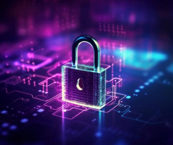 Digital lock on a futuristic network background with glowing circuits representing data protection and cybersecurity.